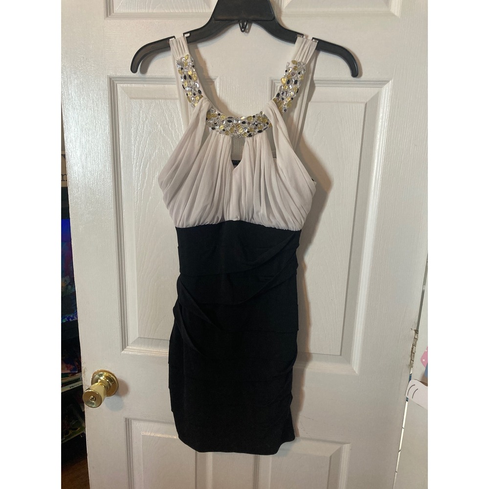 City Triangles Womens Black White Gem Neck Tiered Bodycon Cocktail Dress Large